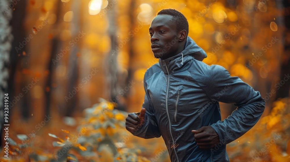 Young African American Man in Sportswear Jogging in Autumn Park, Active Lifestyle Concept Young African American Man in Sportswear Jogging in Autumn Park, Active Lifestyle Concept