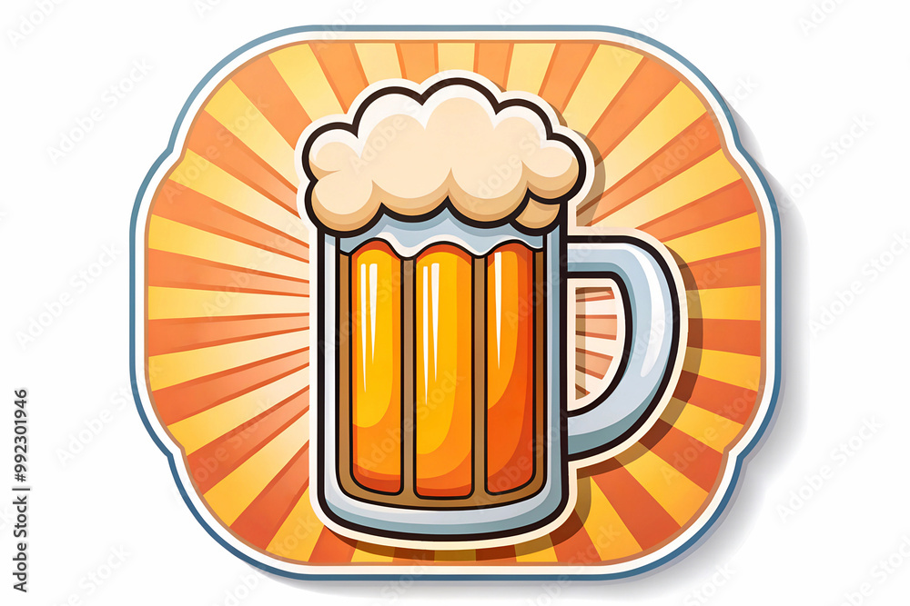 Frothy beer mug illustration with Oktoberfest-themed rays in the background