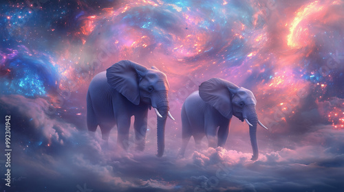 Fantasy image of elephants walking through a galaxy-like landscape. A surreal fantasy image of two majestic elephants walking in a cosmic landscape filled with vibrant nebula clouds, stars, and galaxi photo