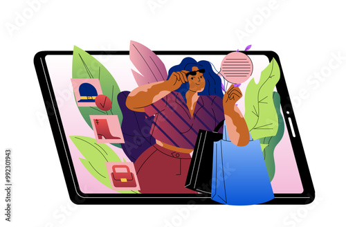 Woman with cash back. Young girl with shopping bags on screen. Cashless transfers and transactions. Home delivery. Discount and promotion. Flat vector illustration