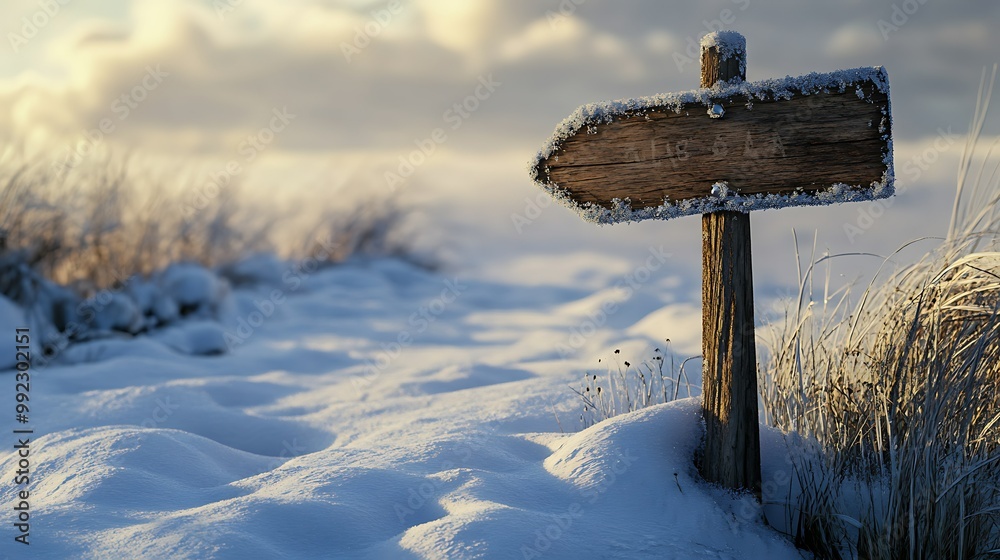 Naklejka premium Snow-covered path sign in a winter landscape.