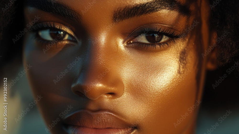 Close-up of a Woman's Face with Golden Skin and Dramatic Eyeliner Close-up of a Woman's Face with Golden Skin and Dramatic Eyeliner