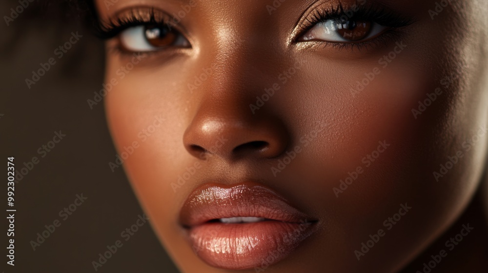 Close-up of a woman's face with soft lighting and natural makeup Close-up of a woman's face with soft lighting and natural makeup