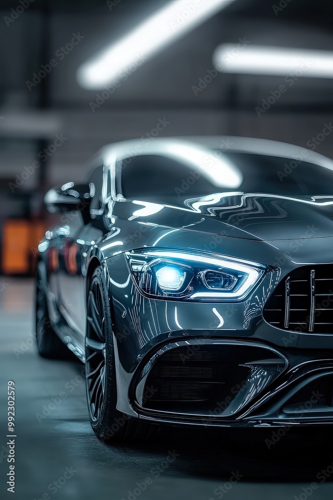 Luxury Car with Illuminated Headlights in a Garage Luxury Car with Illuminated Headlights in a Garage