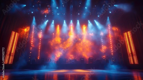 A stage neon laser beam with lights and mesmerizing stage show colorful background