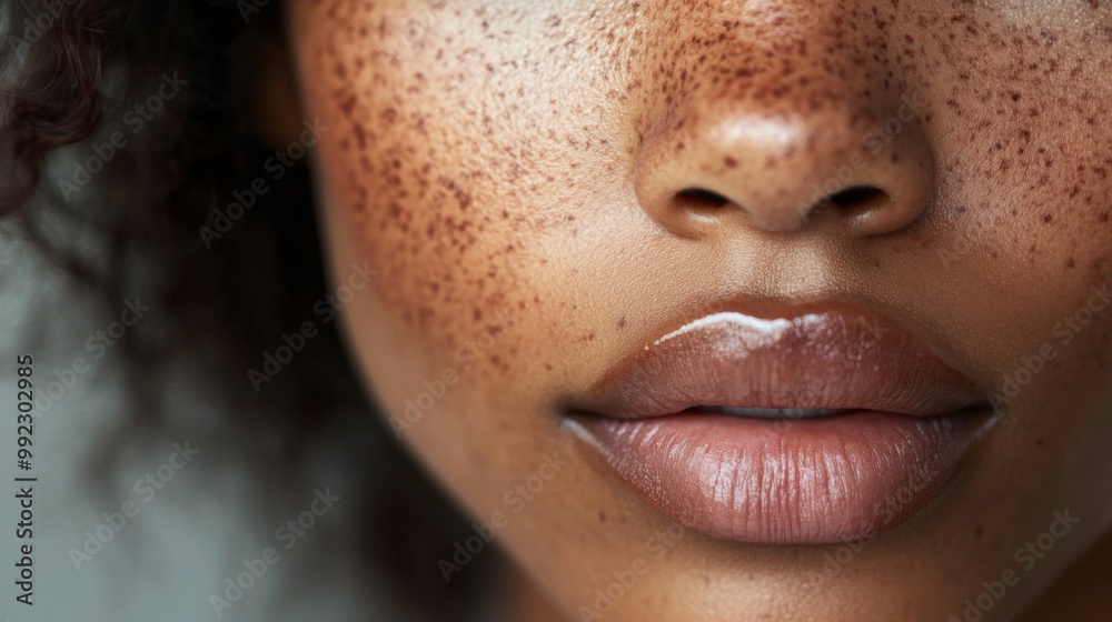 Fototapeta premium Close-up of a person's freckled face with their mouth slightly parted