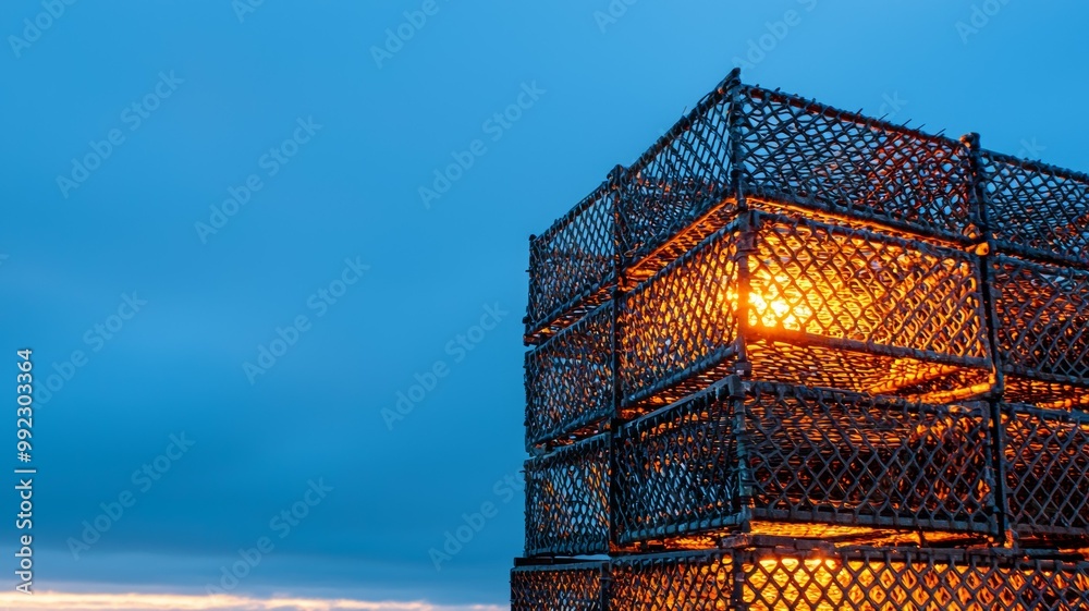 A large structure made of wire mesh and wood A large structure made of wire mesh and wood