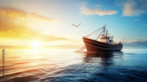 A large fishing boat is in the ocean with a bird flying above it