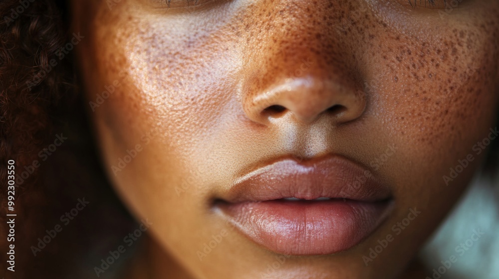 Fototapeta premium Close-up of a Woman's Face with Freckles and Lips