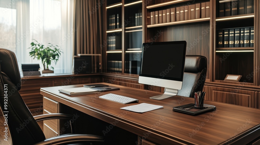 Neatly Arranged Documents and Desktop Computer on a Wooden Desk in a Professional Office Neatly Arranged Documents and Desktop Computer on a Wooden Desk in a Professional Office
