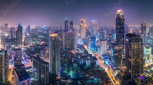 Wallpaper Mural Panorama view of Bangkok business district at night time.  Torontodigital.ca