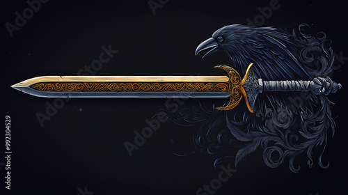 In modern illustrations pagan norse design with raven sword and runes on a black background. Fenrir. Illustration