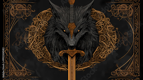 In modern illustrations pagan norse design with raven sword and runes on a black background. Fenrir. Illustration photo