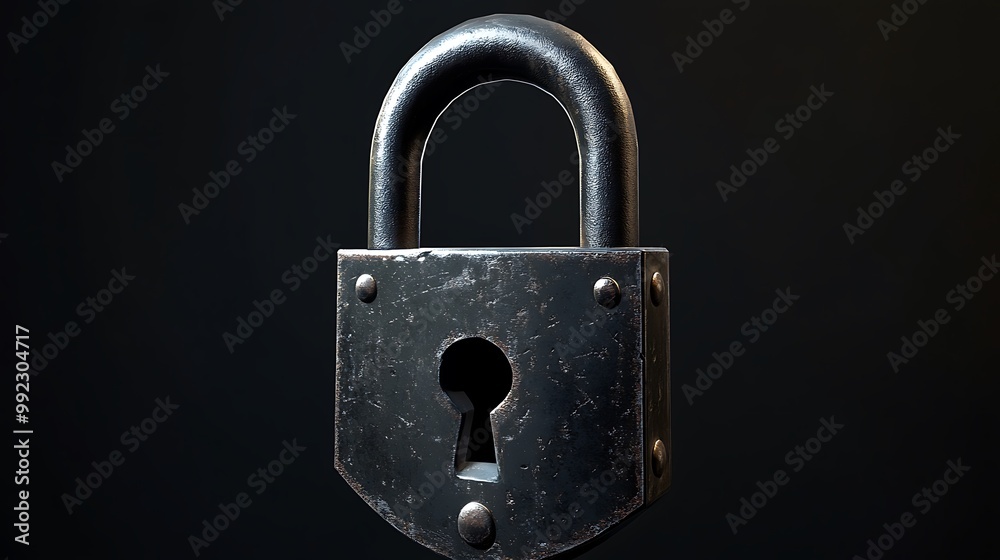 Fototapeta premium Old metal padlock with keyhole, black background, isolated
