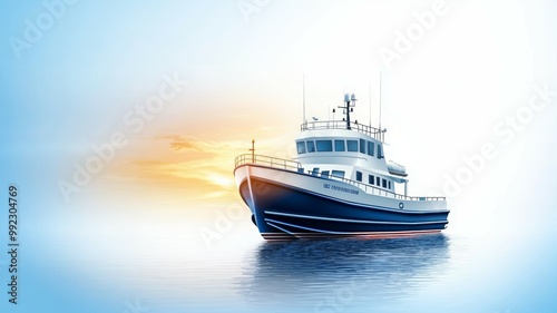 A large boat is sailing on the water with a sunset in the background