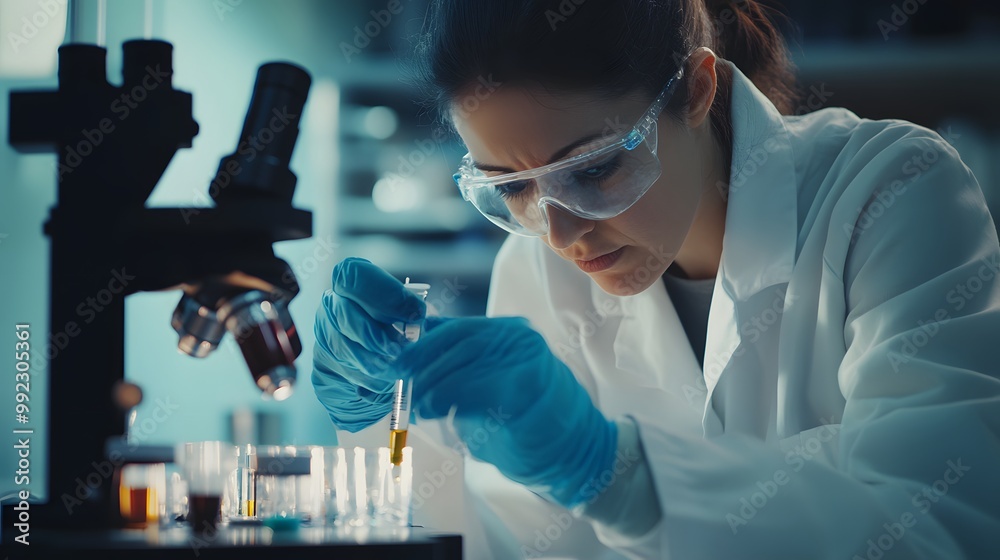 Female Scientist in a Lab Coat Using a Pipette to Transfer Liquid into Test Tubes Female Scientist in a Lab Coat Using a Pipette to Transfer Liquid into Test Tubes
