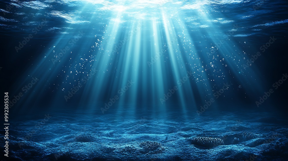 Obraz premium Underwater scene with light rays and bubbles.