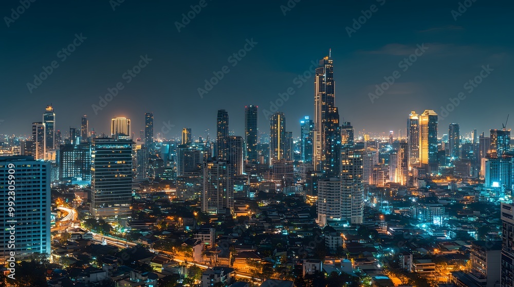 Obraz premium Panorama view of Bangkok business district at night time.