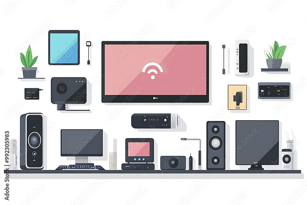 Modern technology and devices arranged on a shelf. Modern technology and devices arranged on a shelf.