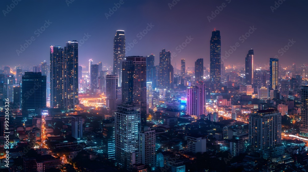 Panorama view of Bangkok business district at night time. Panorama view of Bangkok business district at night time.