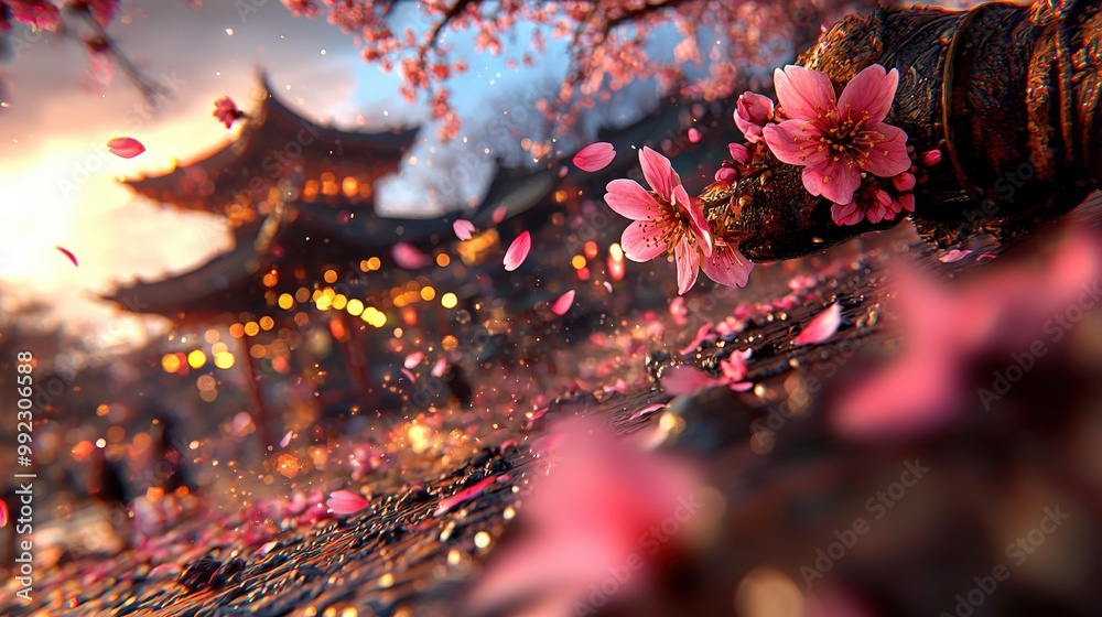 Falling Cherry Blossoms in a Japanese Garden at Sunset Falling Cherry Blossoms in a Japanese Garden at Sunset