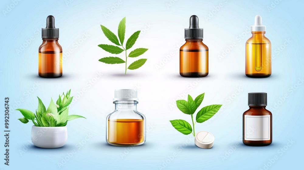 A set of six bottles of essential oils and a plant A set of six bottles of essential oils and a plant