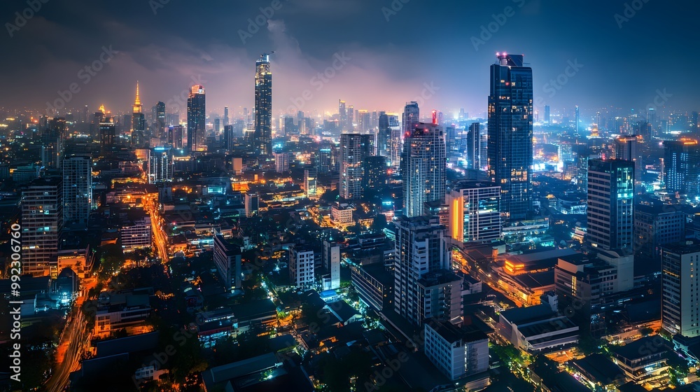 Fototapeta premium Panorama view of Bangkok business district at night time.