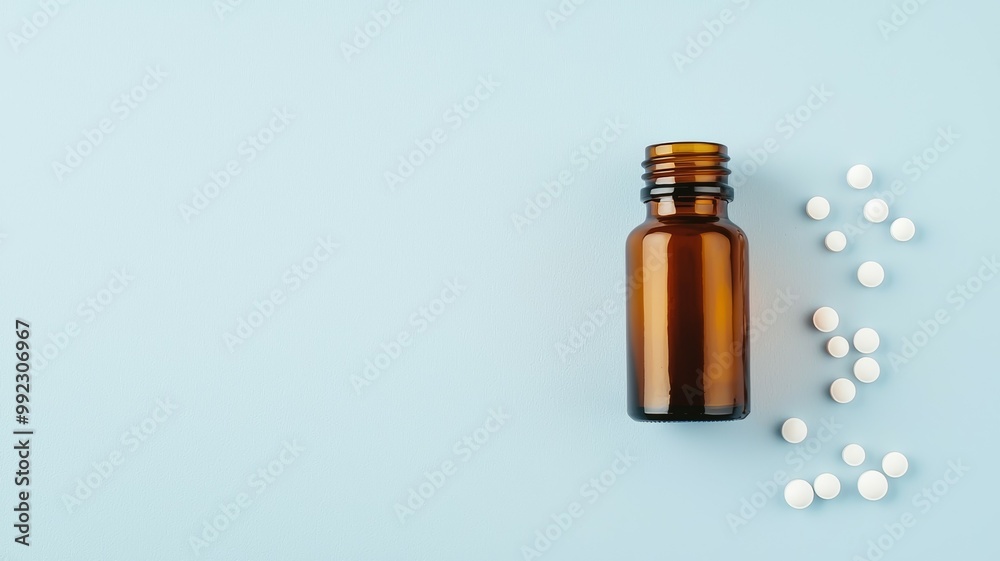 A bottle of pills sits on a blue background A bottle of pills sits on a blue background