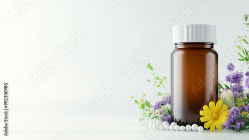 A bottle of medicine is surrounded by flowers