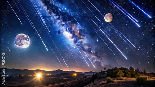 Vibrant stars and glowing meteors streak across a pitch-black night sky, illuminated by a full moon, with sharp, defined trajectories and radiant tails. photo