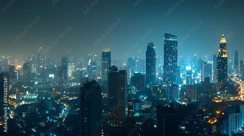 Fototapeta premium Panorama view of Bangkok business district at night time. 