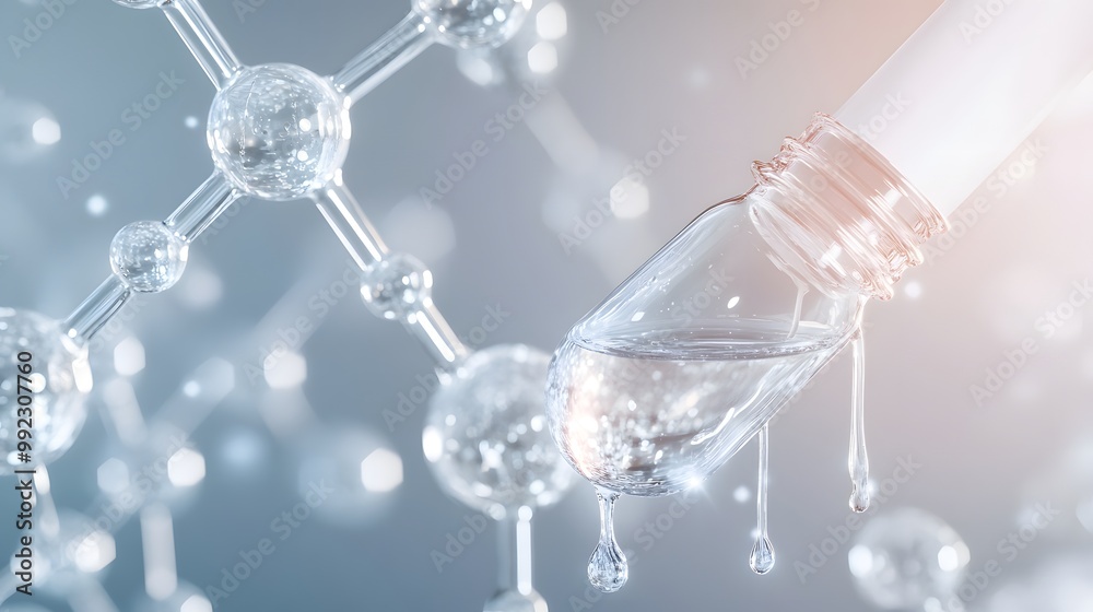 Droplet of Liquid from a Glass Dropper Over a Molecular Structure