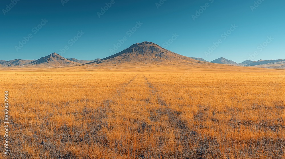 Obraz premium Mountain Range Landscape with Golden Grass Field and Clear Blue Sky