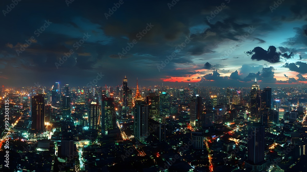 Obraz premium Panorama view of Bangkok business district at night time. 