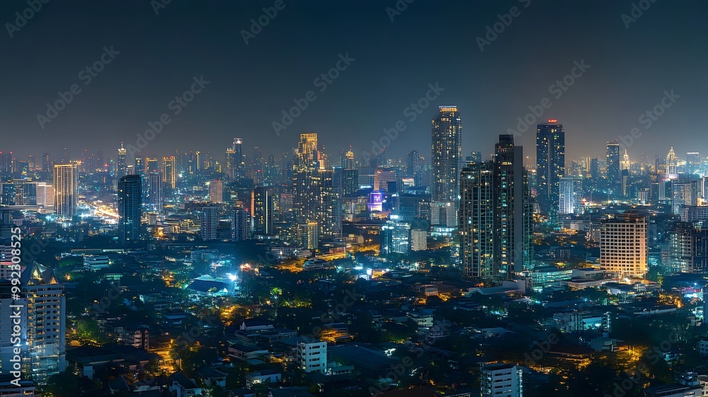 Fototapeta premium Panorama view of Bangkok business district at night time. 