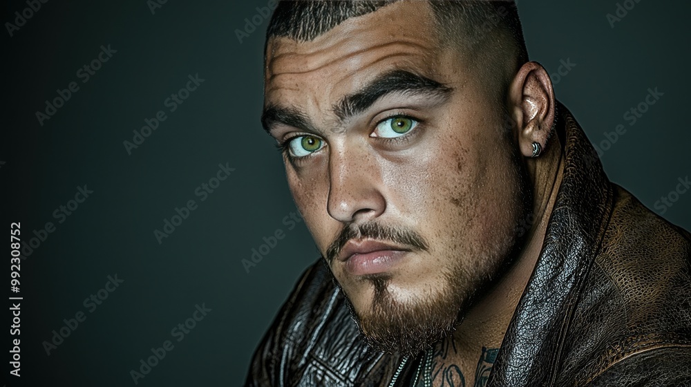 Portrait of a Man with Green Eyes  Facial Hair  and a Leather Jacket
