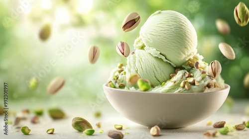 bowl of pistachio ice cream, garnished with whole and crushed pistachios. The creamy texture of the ice cream is highlighted by the fresh pistachios scattered around, giving the image a sense of indul photo