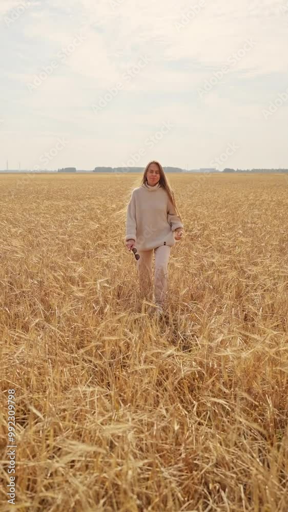 A Woman Strolling Gracefully Through a Beautiful Golden Wheat Field While Wearing a Soft Sweater and touches a spike of wheat A Woman Strolling Gracefully Through a Beautiful Golden Wheat Field While Wearing a Soft Sweater and touches a spike of wheat