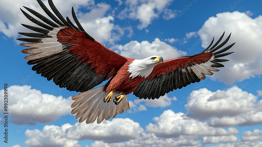 Fototapeta premium Red Breasted Eagle Soaring Through Clouds