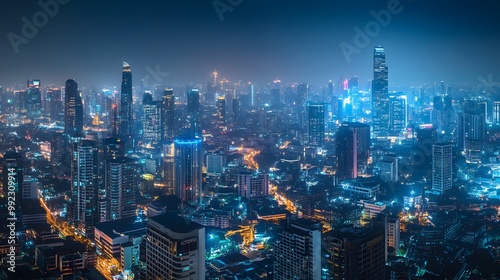 Wallpaper Mural Panorama view of Bangkok business district at night time.  Torontodigital.ca