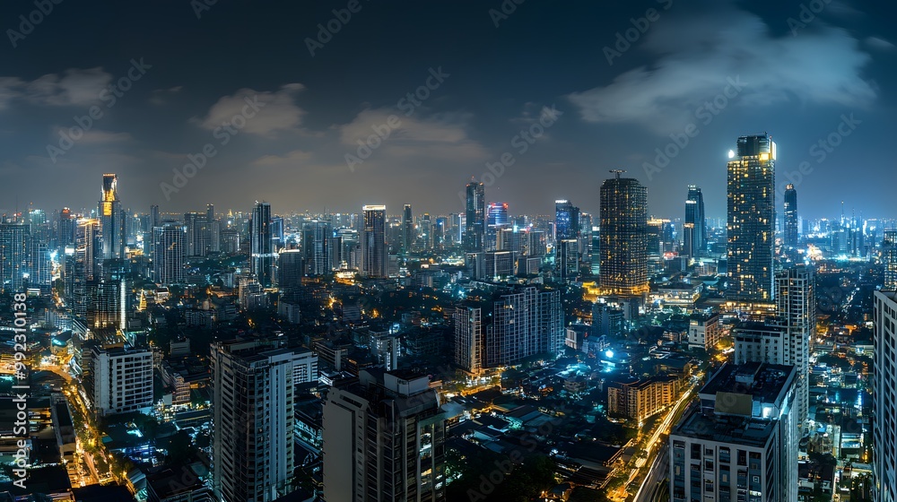 Obraz premium Panorama view of Bangkok business district at night time. 