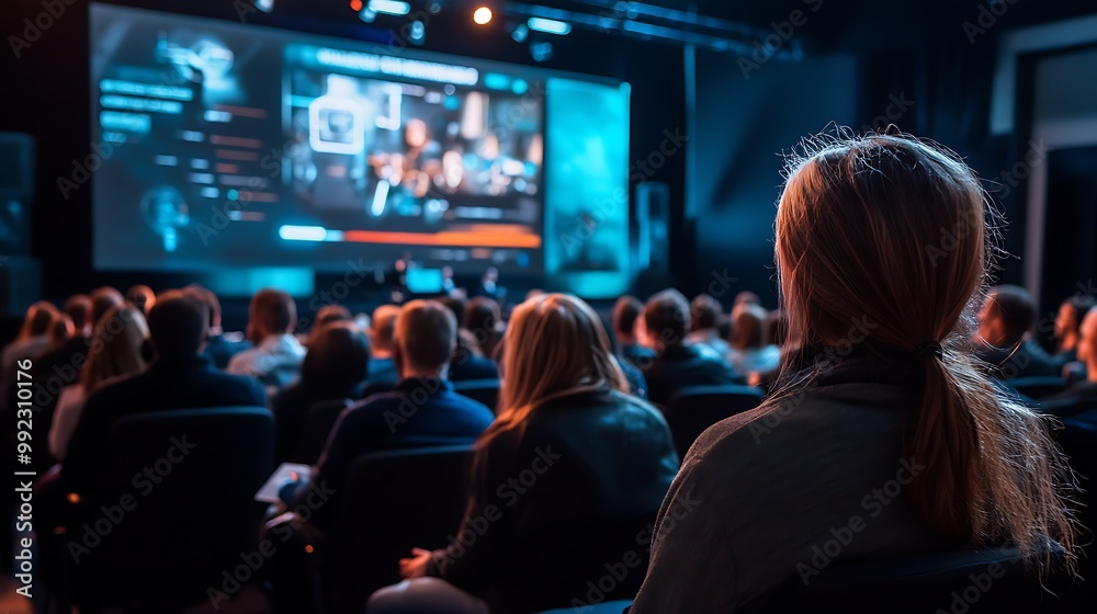 Audience watching a presentation or conference with a large screen showing a speaker or presentation Audience watching a presentation or conference with a large screen showing a speaker or presentation
