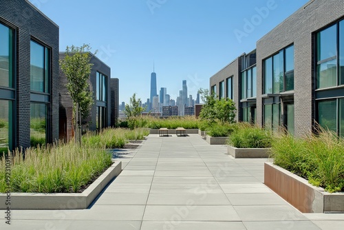 Modern rooftop garden with city skyline view