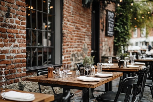 Outdoor dining tables at rustic restaurant