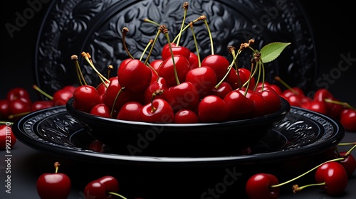 Acerola cherries arranged a spiral pattern on a black ceramic plate placed on a minimalist dining table with soft ambient lighting creating an elegant presentation Scientific name Malpighia emarginata photo