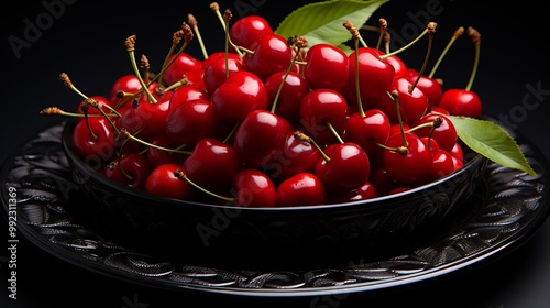 Acerola cherries arranged a spiral pattern on a black ceramic plate placed on a minimalist dining table with soft ambient lighting creating an elegant presentation Scientific name Malpighia emarginata photo