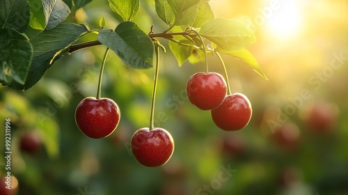 Acerola cherries focus hanging branch sundrenched orchard with bright green leaves blurred in the background showcasing their vibrant red color and natural appeal Scientific name Malpighia emarginata photo