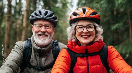 Happy senior couple wearing helmets and outdoor jackets, smiling while enjoying a cycling adventure in the forest...