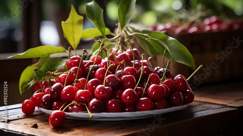 Acerola cherry nestled bed of fresh green leaf arranged wooden table under shaded pergola soft garden backdrop blurred behind highlighting their vibrant red color Scientific name Malpighia emarginata photo