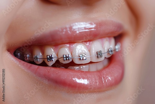 Bracing for change: orthodontic bracket or brace, dental treatment concept that corrects dental imperfections, promotes oral health, achieves straighter, healthier smile expert orthodontic care photo